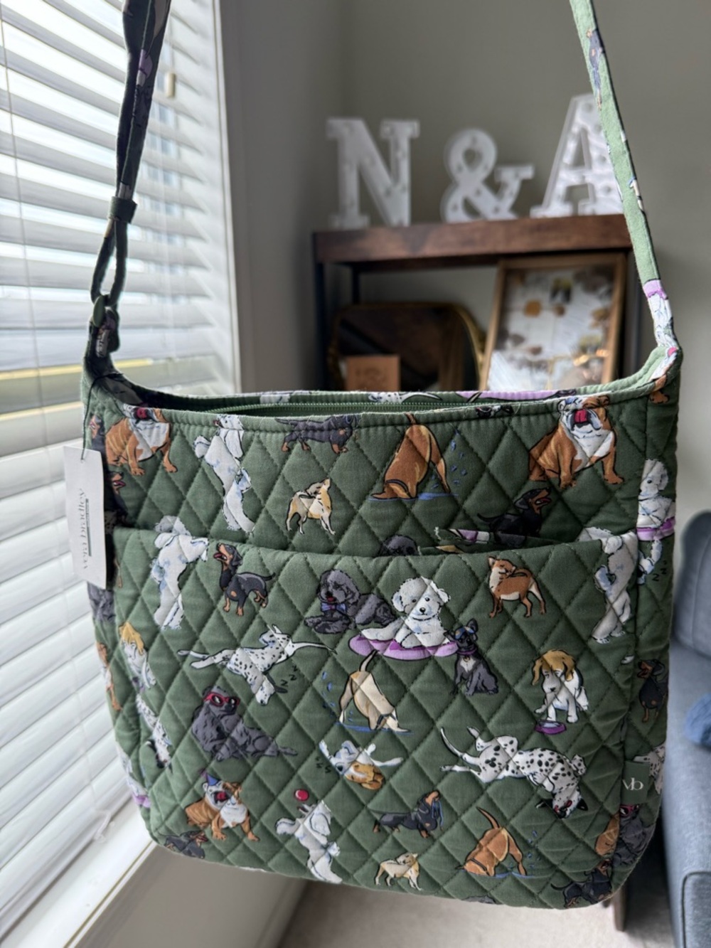 NWT Vera Bradley Essential XL Crossbody Bag in the Dog Print Quilted Green